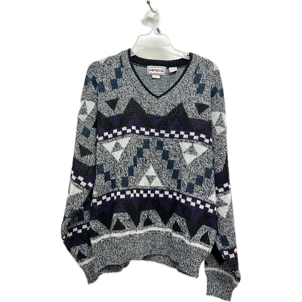 Vintage CAMPUS mens Sweater XL Pullover Crewneck Blue Black Grandpacore
